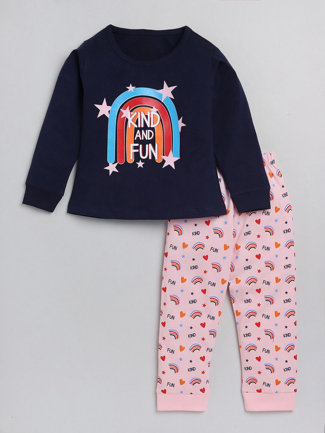 

YK Girls Printed Pure Cotton T-shirt With Pyjamas, Navy blue