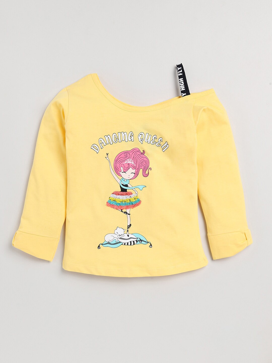 

YK Girls Graphic Printed One-Shoulder Pure Cotton Top, Yellow