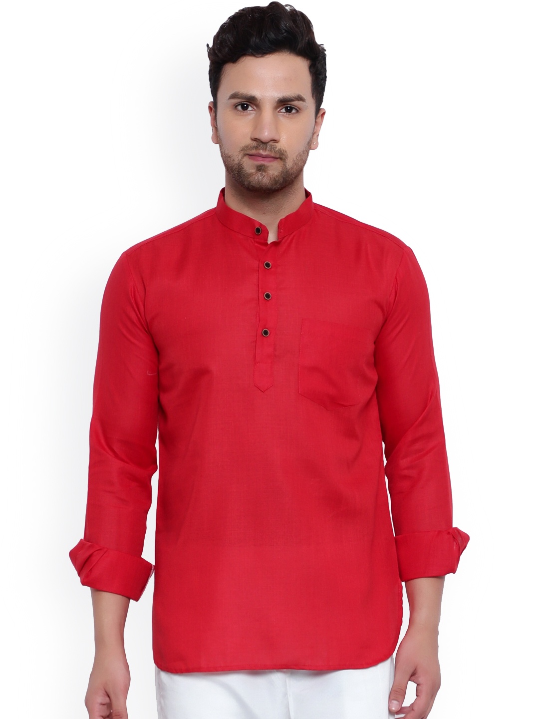 

ONNIX Men Red Thread Work Asymmetric Kurta