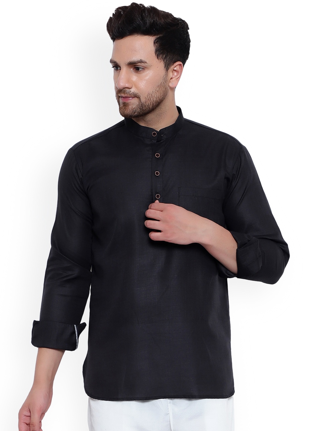 

ONNIX Men Black Thread Work Asymmetric Kurta