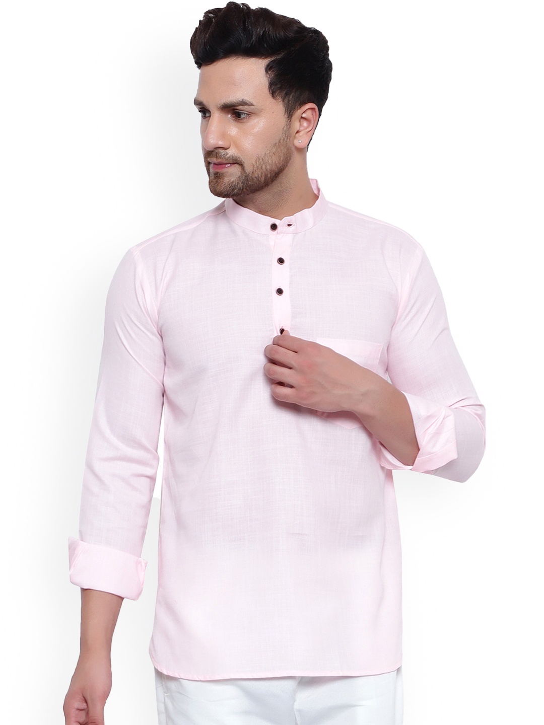 

ONNIX Men Pink Thread Work Asymmetric Kurta