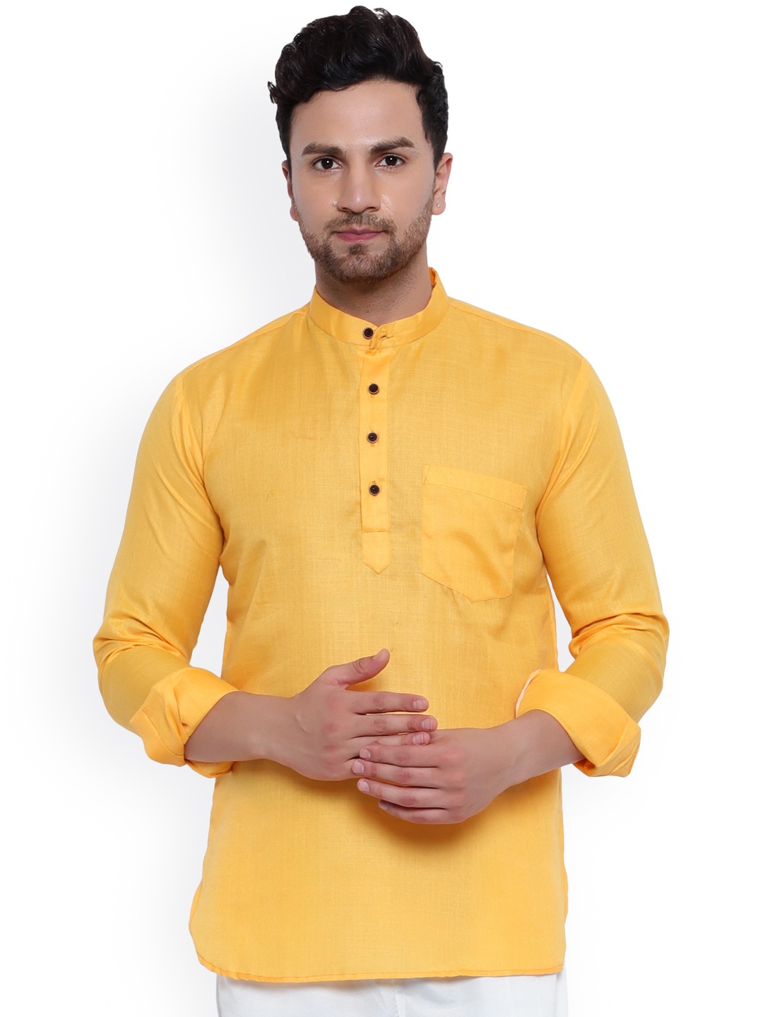 

ONNIX Men Mustard Yellow Chikankari Asymmetric Kurta