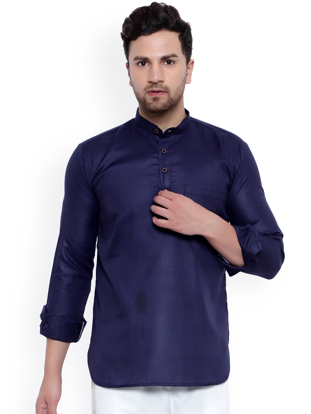 

ONNIX Men Navy Blue Thread Work Asymmetric Kurta