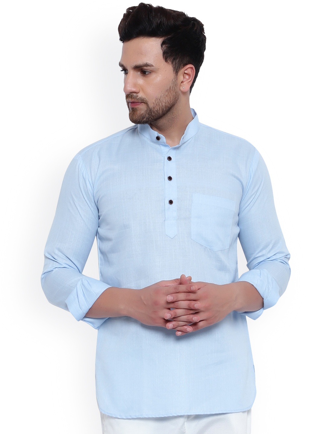 

ONNIX Men Turquoise Blue Chikankari Asymmetric Kurta
