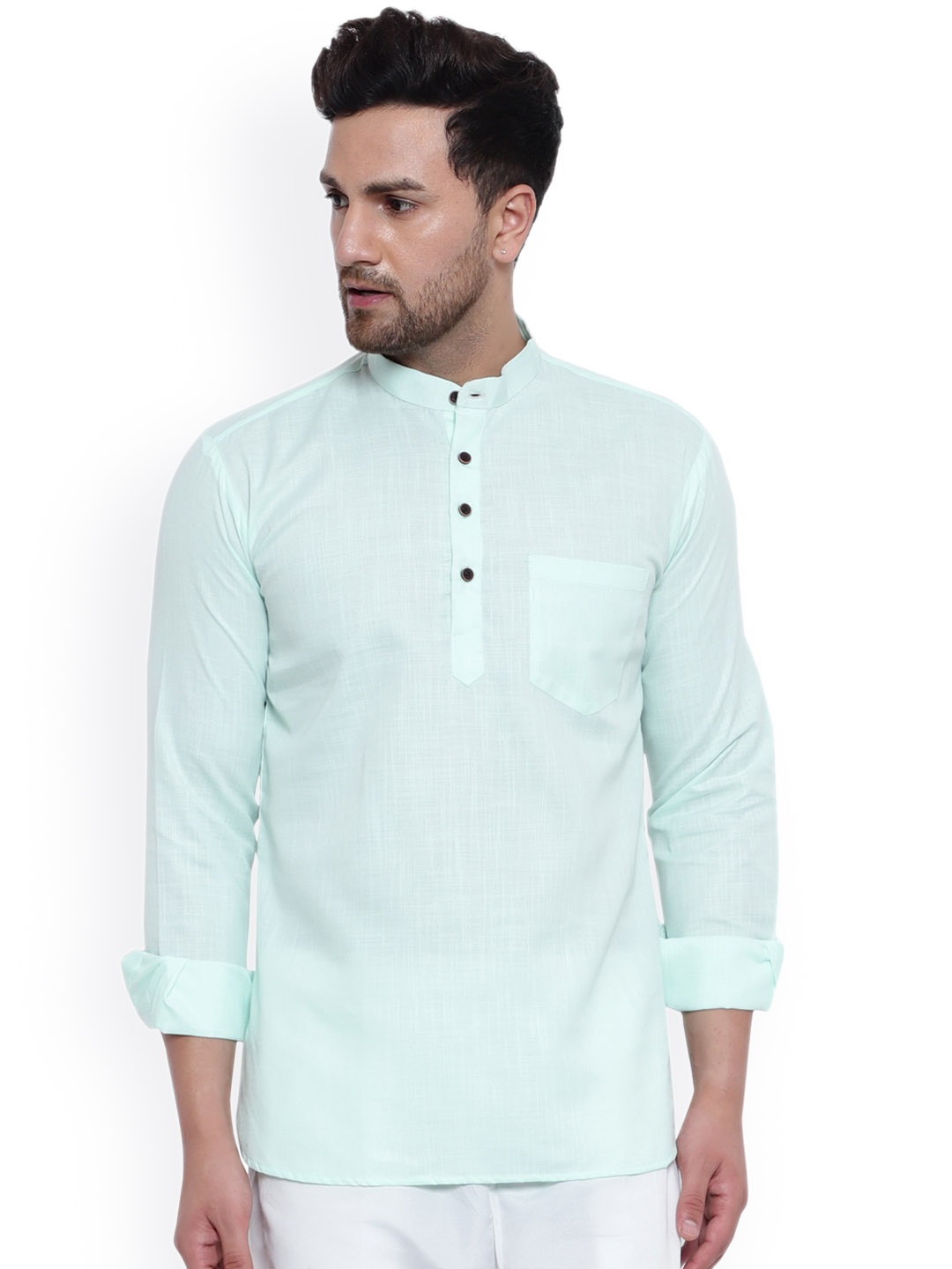 

ONNIX Men Green Thread Work Asymmetric Kurta