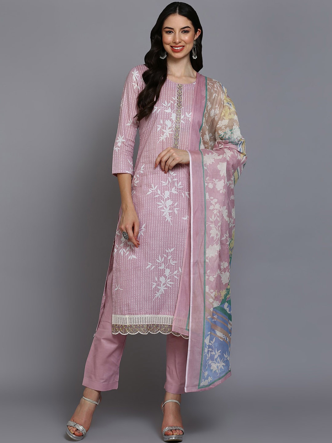 

AHIKA Floral Printed Straight Kurta With Trousers & With Dupatta, Pink