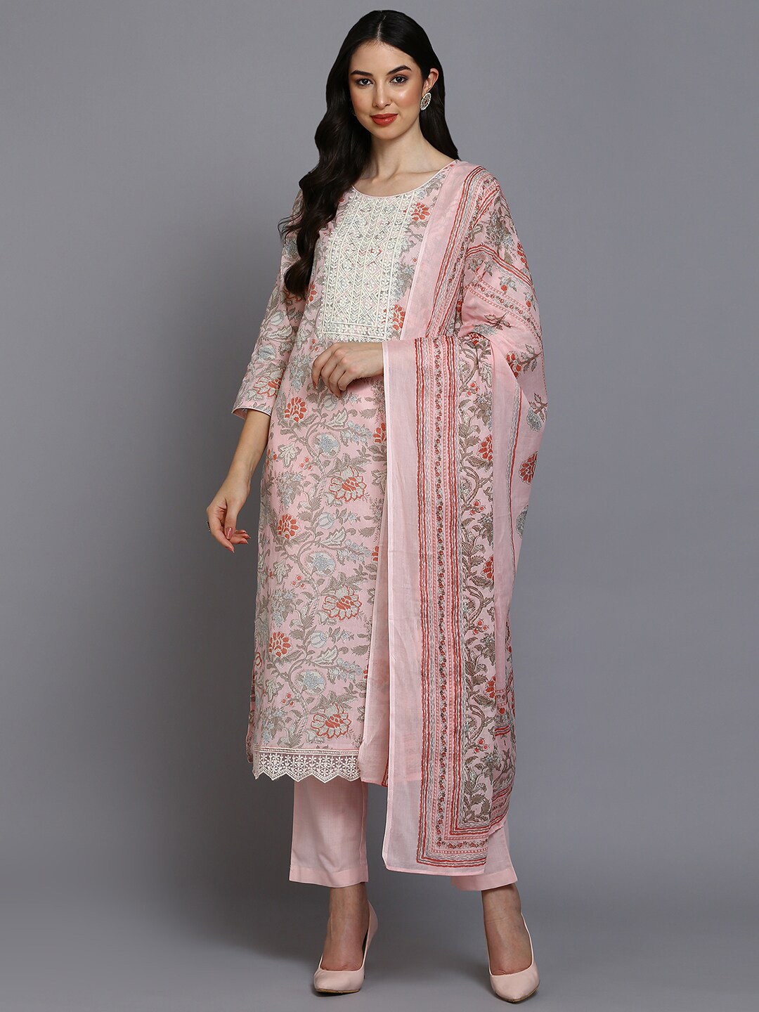 

AHIKA Floral Printed Thread Work Regular Kurta With Trousers & Dupatta, Pink