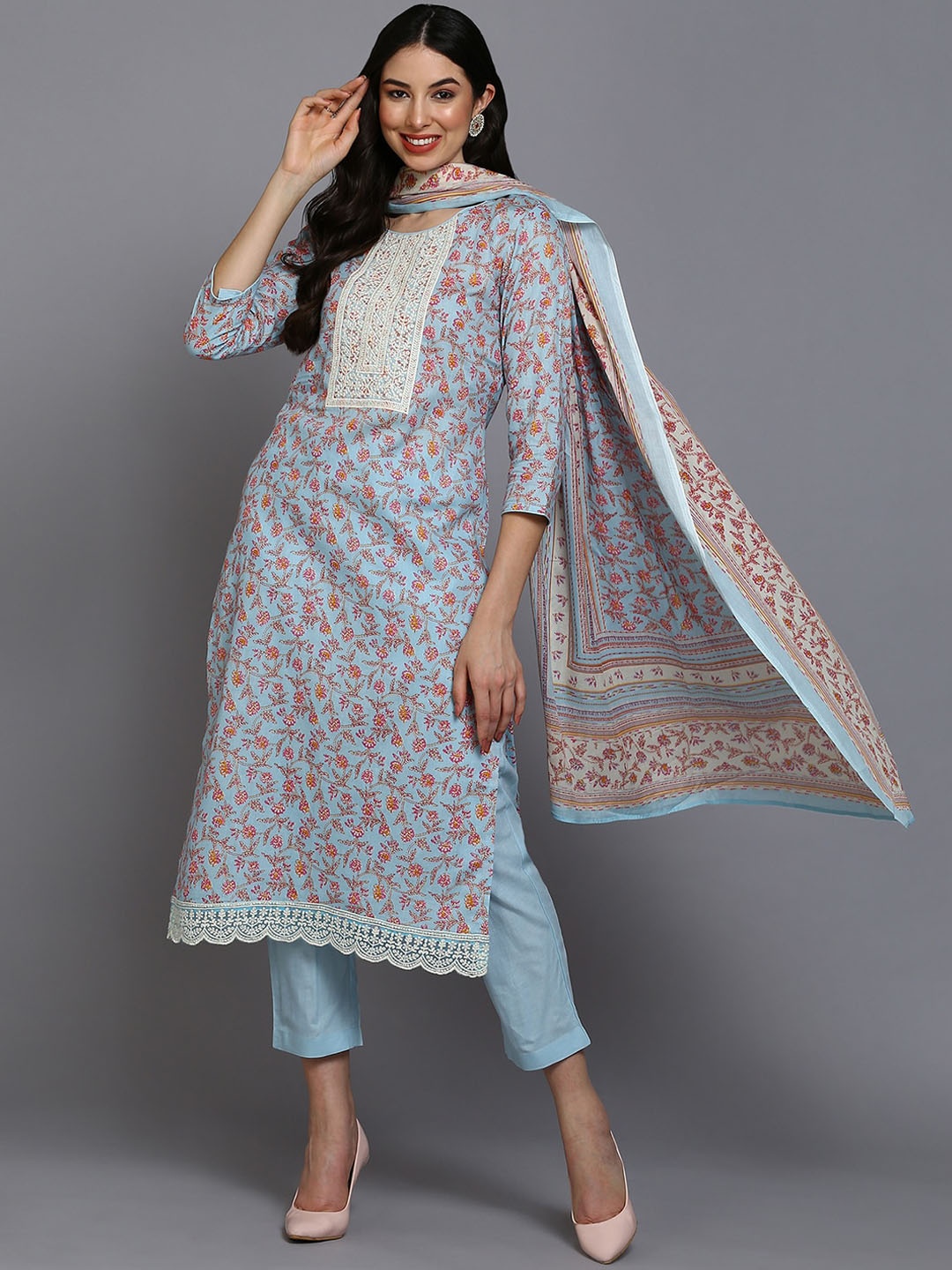 

AHIKA Floral Printed & Embroidered Straight Kurta With Trousers & Dupatta, Blue