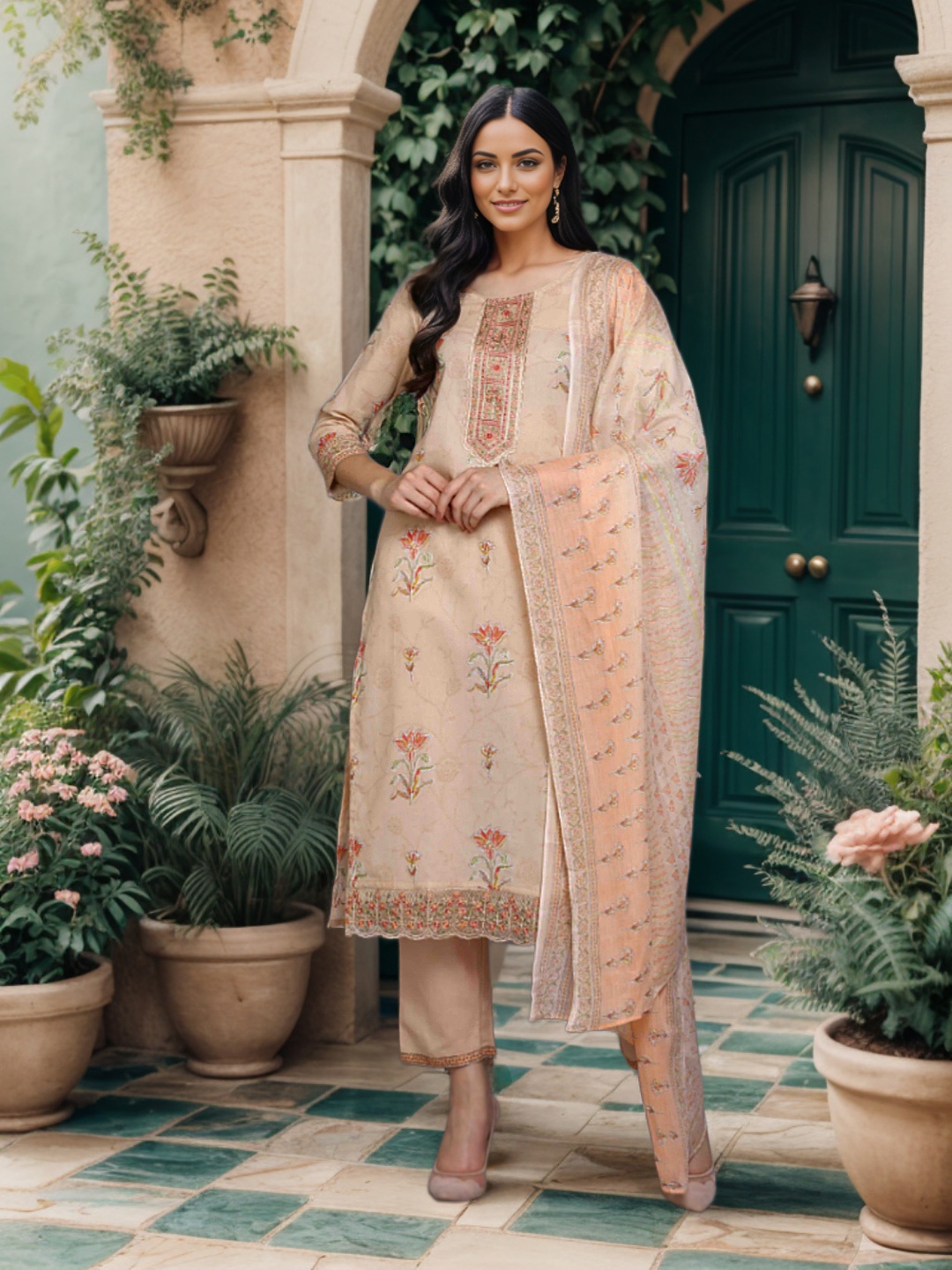 

AHIKA Floral Printed Regular Kurta With Trousers & Dupatta, Nude