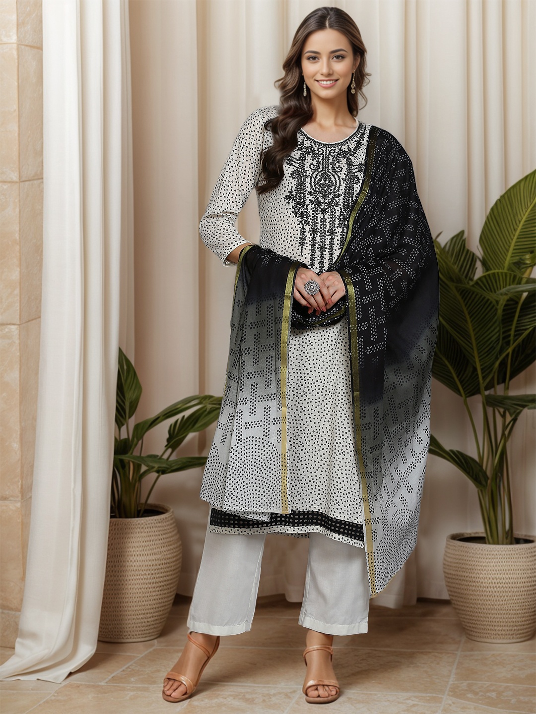 

AHIKA Bandhani Printed Regular Thread Work Pure Cotton Kurta & Trousers With Dupatta, Off white