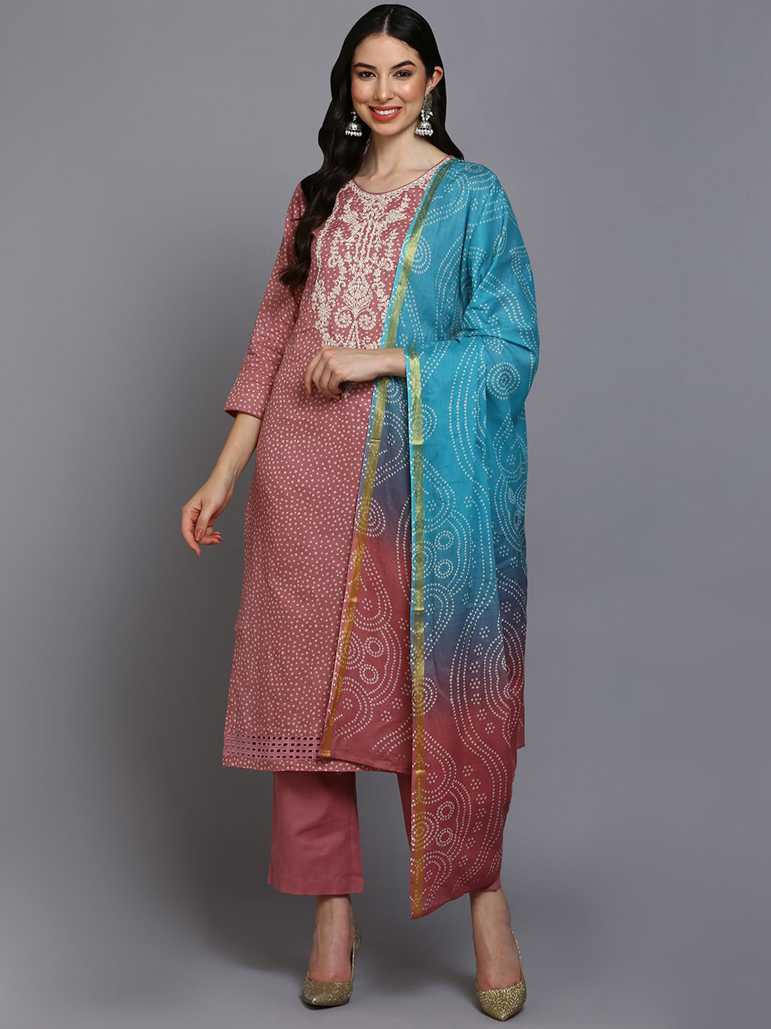

AHIKA Bandhani Embroidered Thread Work Pure Cotton Kurta With Trousers & Dupatta, Pink