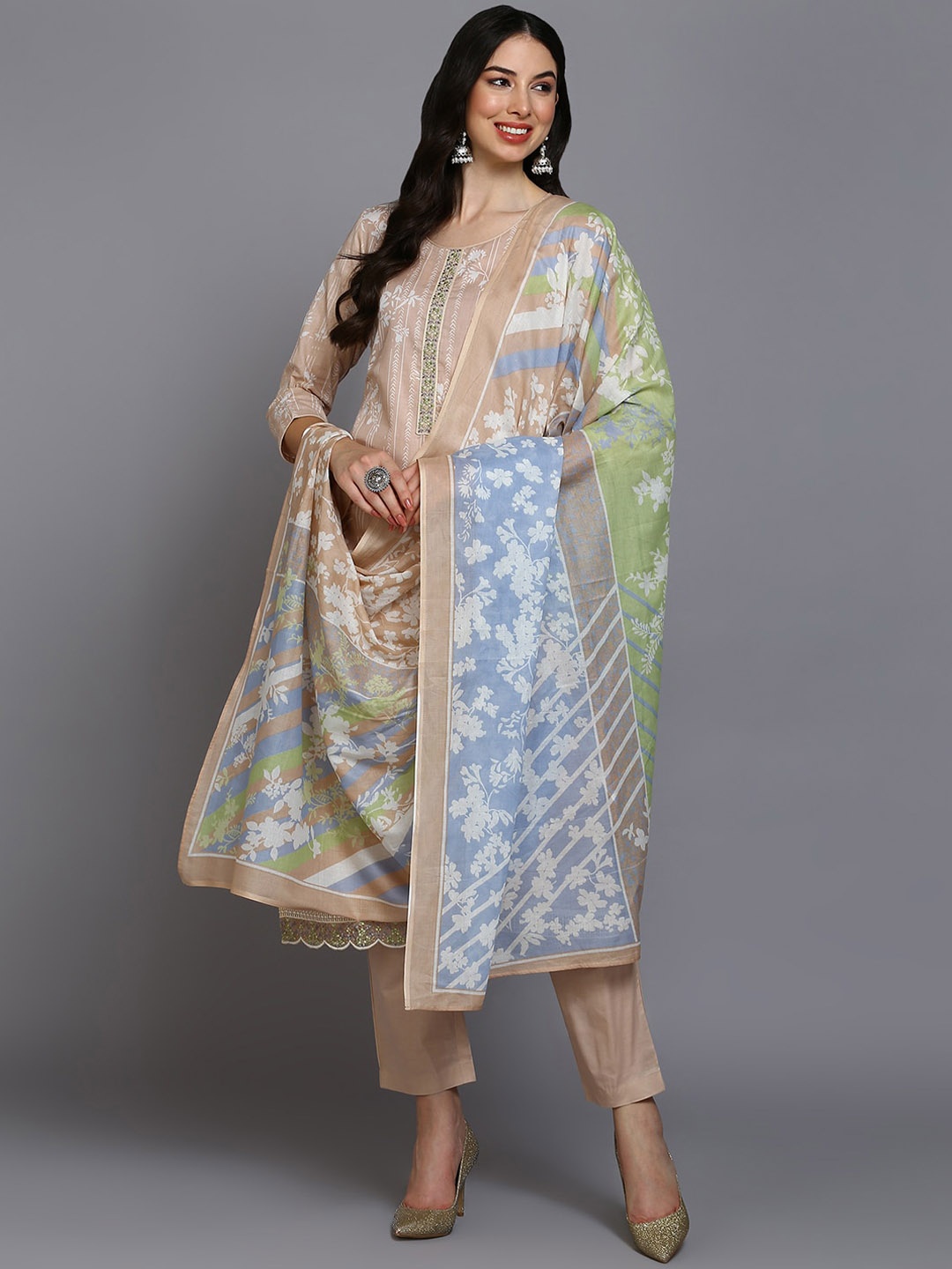 

AHIKA Floral Printed & Embroidered Straight Kurta With Trousers & Dupatta, Nude