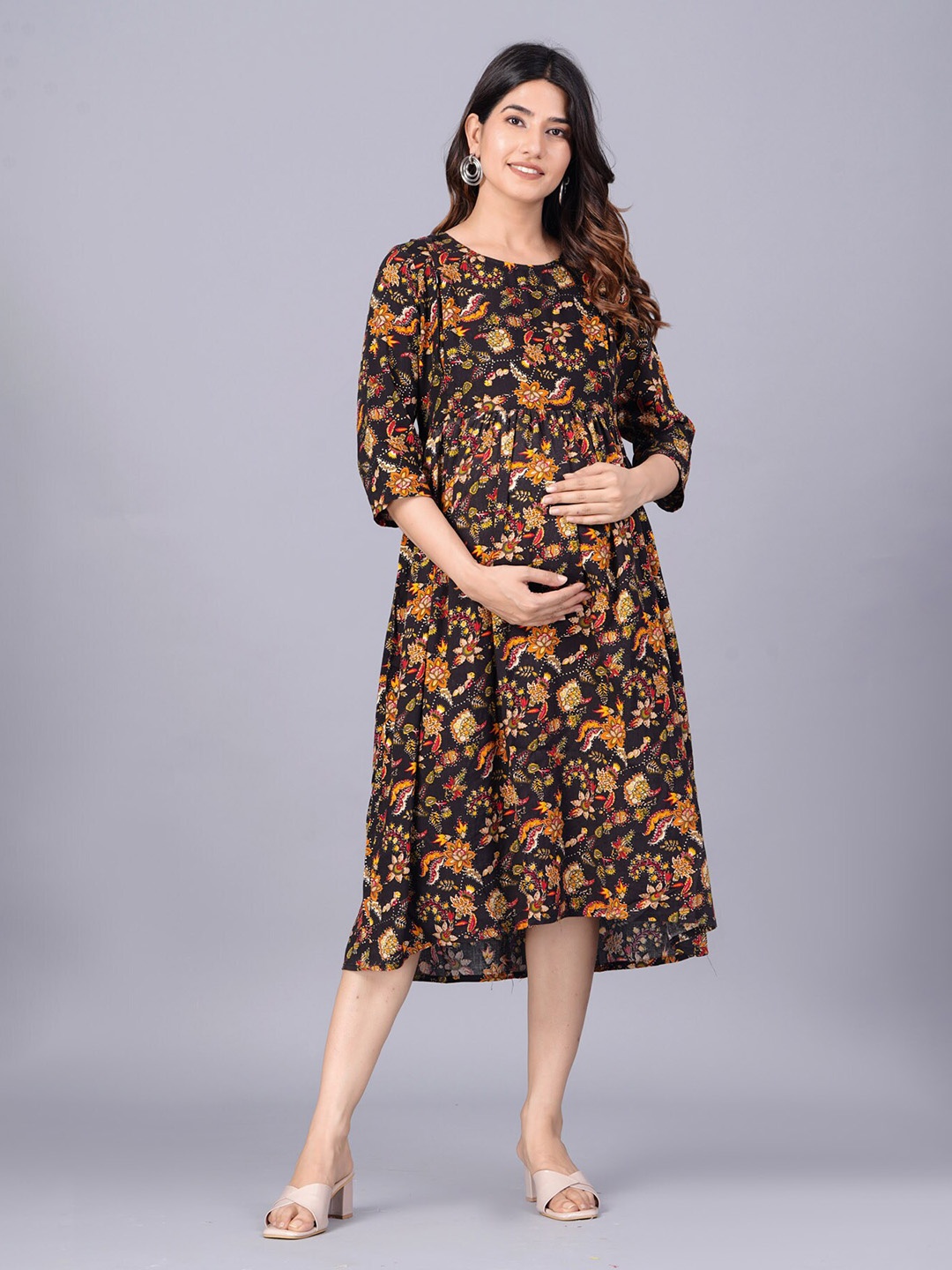 

PREKSHA Floral Printed Gathered Or Pleated Maternity Empire Midi Dress, Black