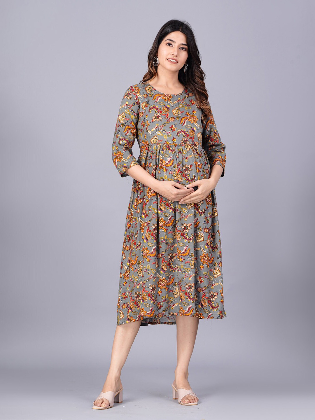 

PREKSHA Floral Printed Gathered Or Pleated Maternity Empire Midi Dress, Grey