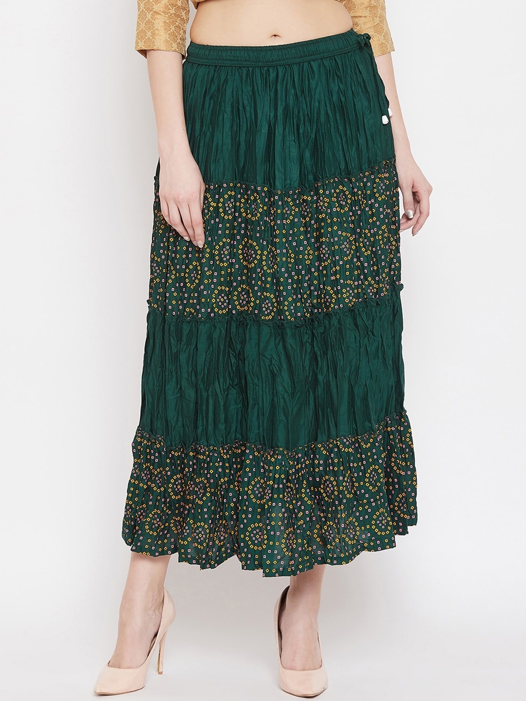 

Clora Creation Bandhani Printed Tiered Maxi Skirt, Green