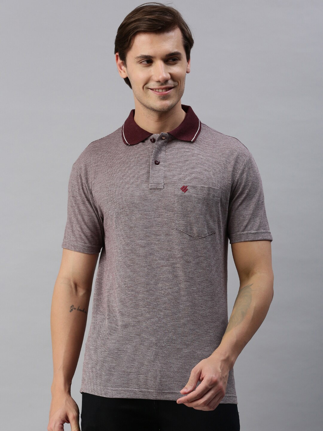 

ONN Self Design Polo Collar Pure Cotton T-shirt, Brown