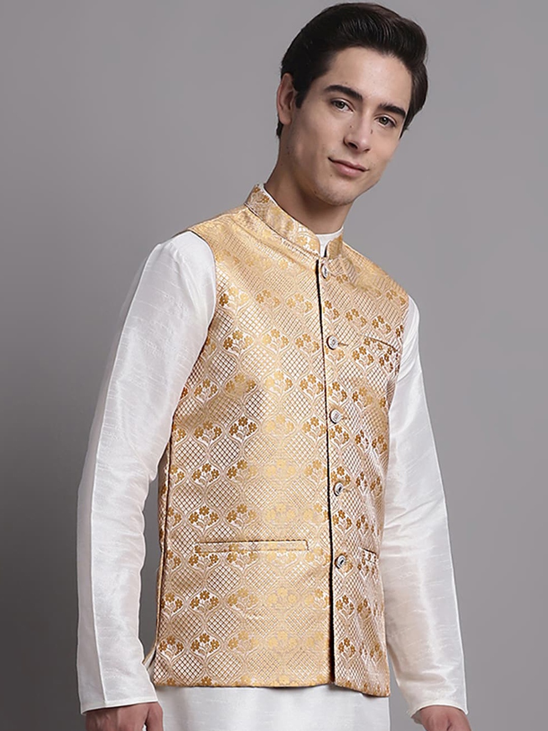 

Jompers Woven Design Nehru Jacket, Gold
