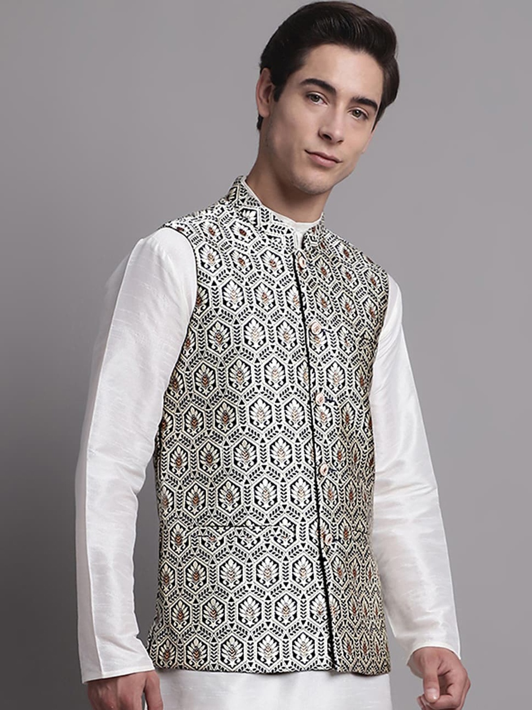 

Jompers Mandarin Collar Ethnic Motifs Woven Design Nehru Jackets, Silver