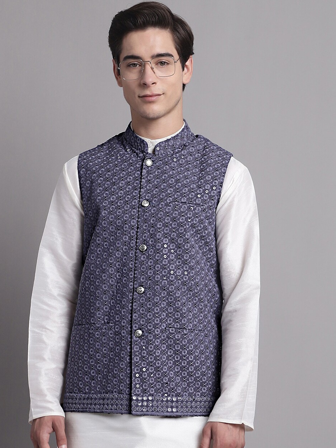 

Jompers Floral Embroidered Sequined Nehru Jacket, Grey