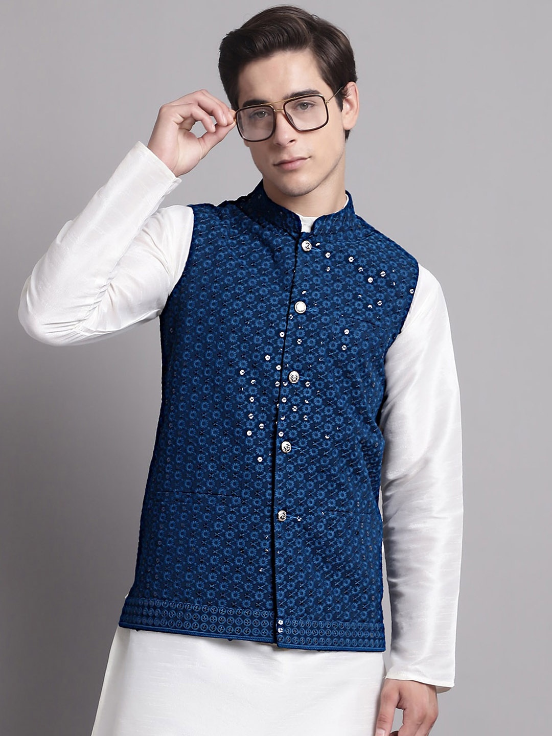 

Jompers Embroidered Sequinned Nehru Jacket, Blue