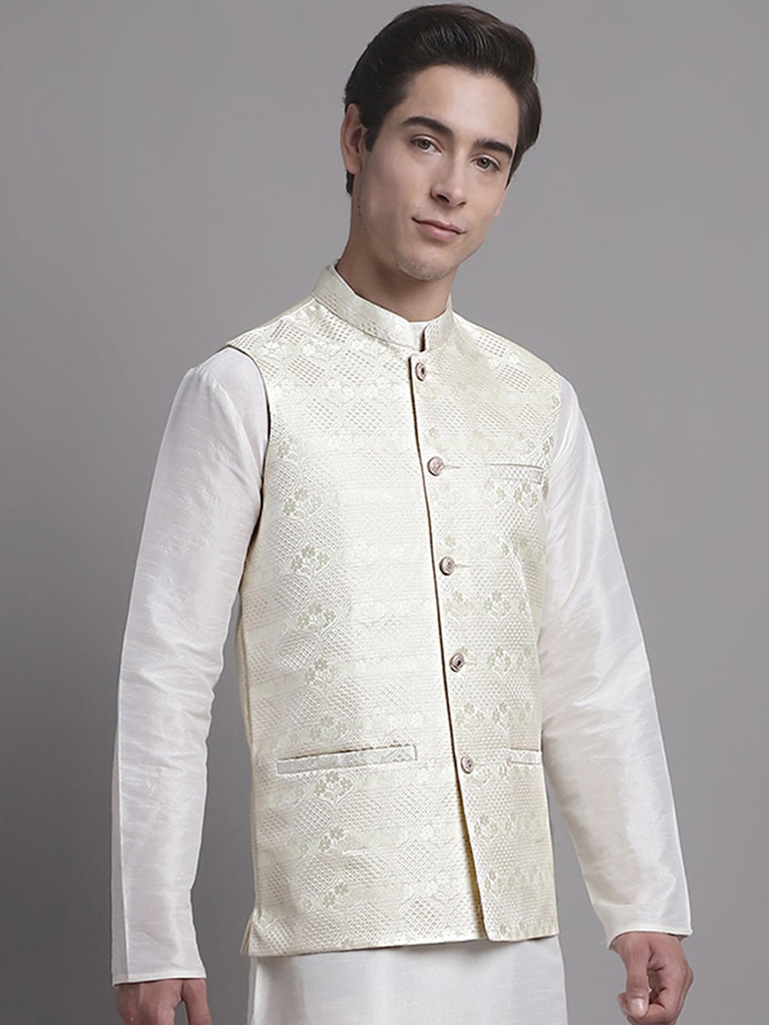 

Jompers Mandarin Collar Floral Woven Design Nehru Jackets, Cream