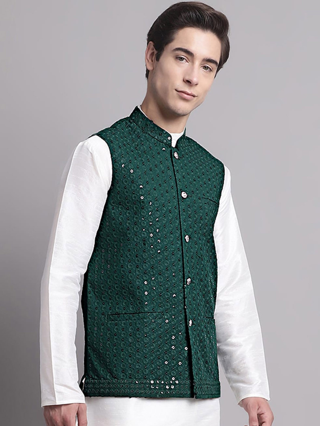 

Jompers Embroidered Sequinned Nehru Jacket, Olive