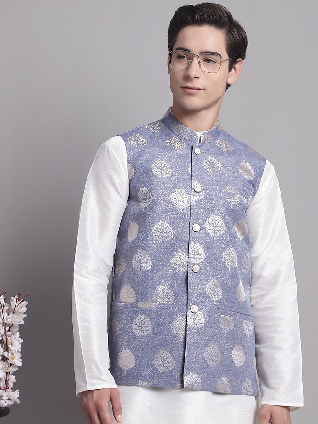 

Jompers Printed Woven Satin Nehru Jacket, Blue