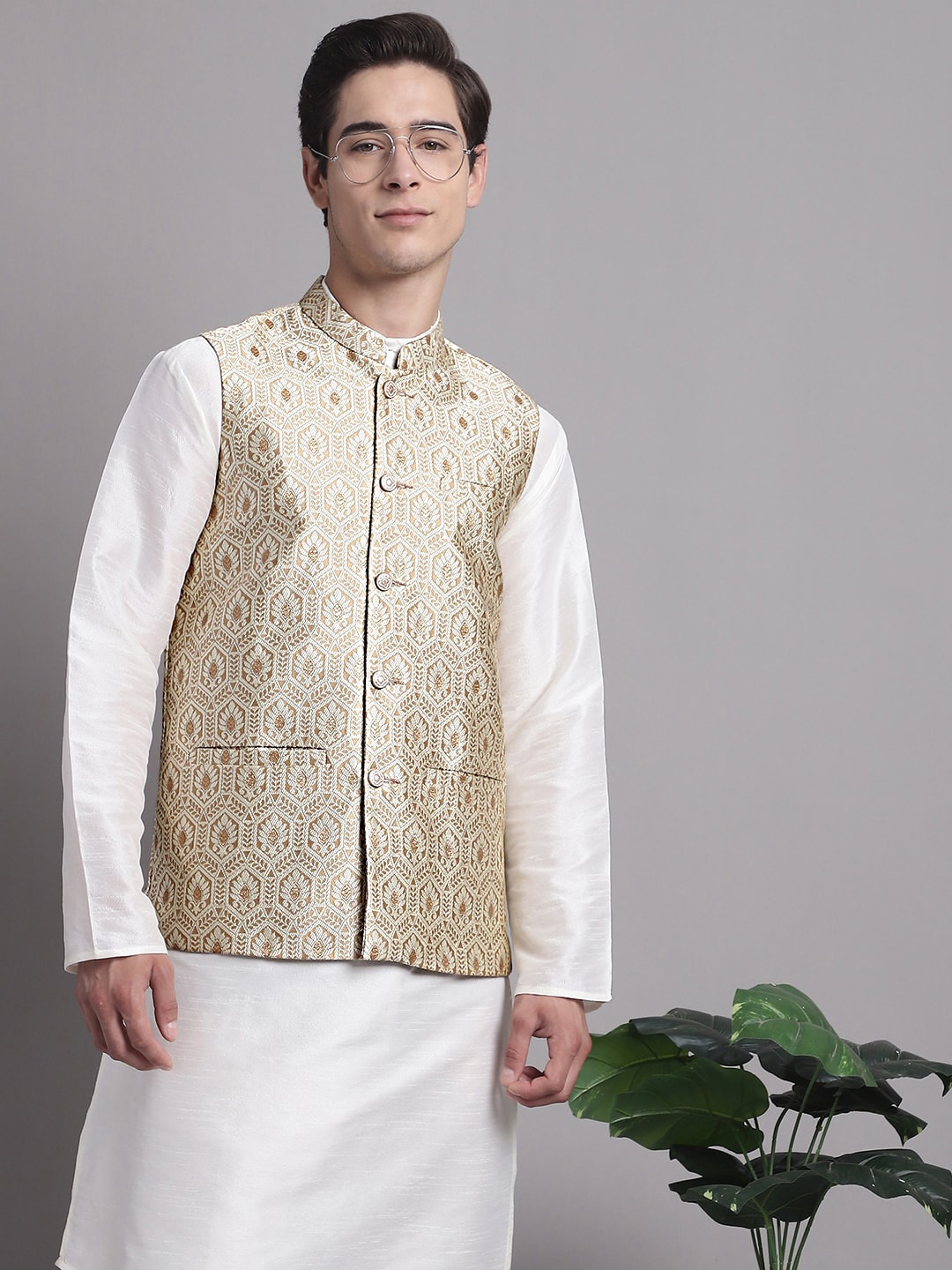 

Jompers Ethnic Motifs Woven Design Nehru Jackets, Cream