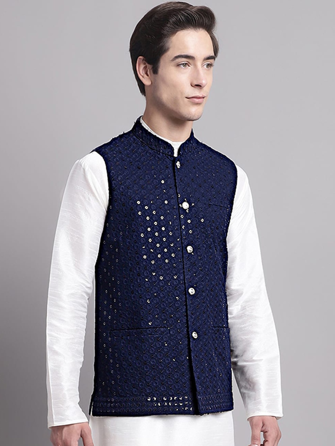 

Jompers Ethnic Motifs Embroidered Sequined Nehru Jacket, Navy blue