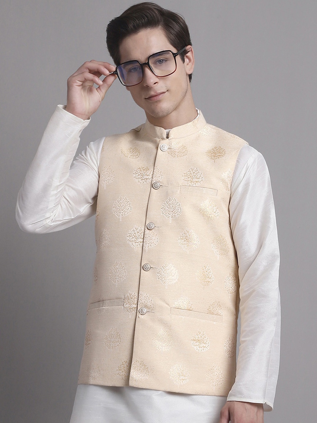 

Jompers Floral Woven Design Nehru Jacket, Cream