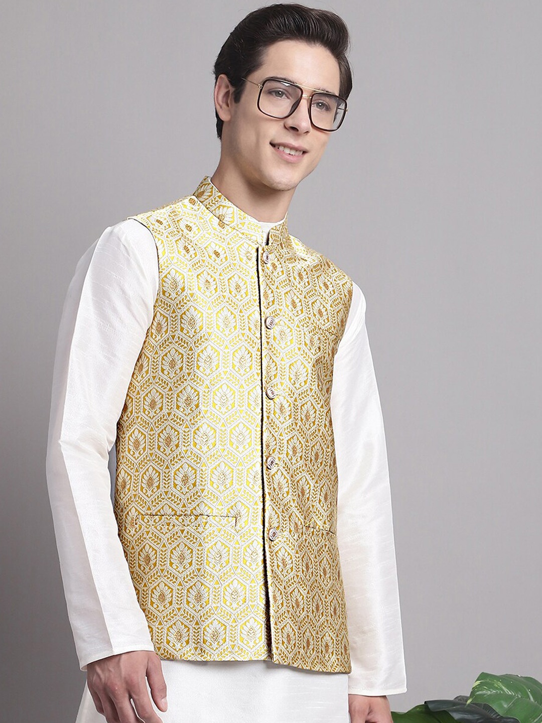 

Jompers Woven Design Satin Nehru Jacket, Gold