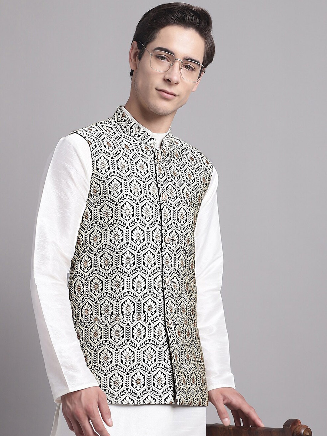 

Jompers Woven Design Nehru Jacket, Silver