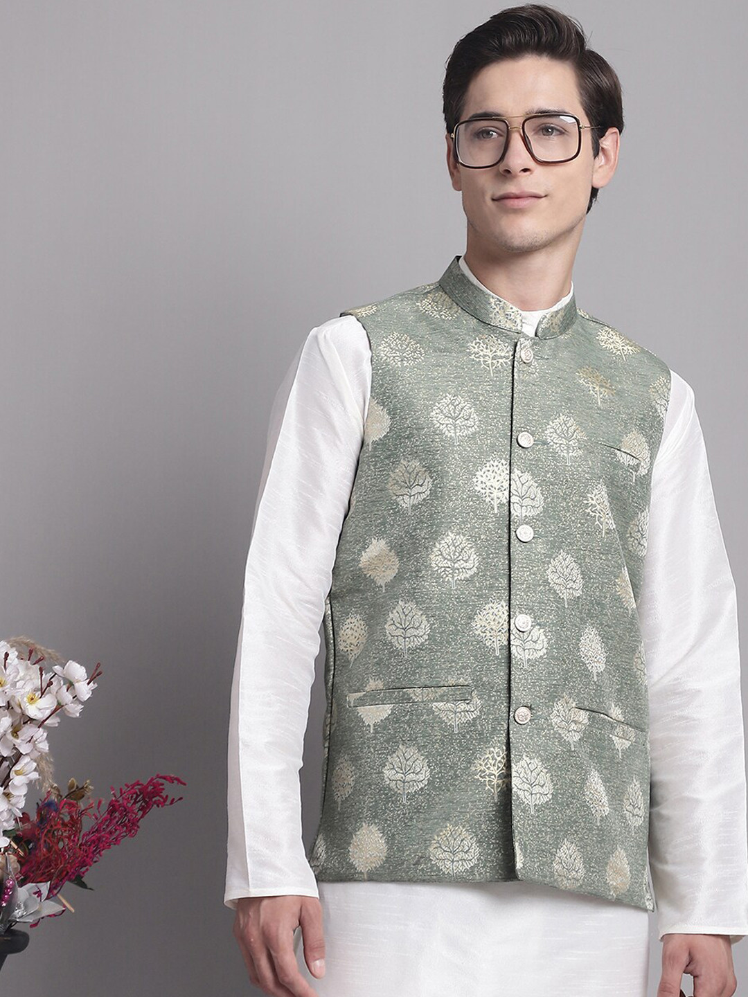 

Jompers Ethnic Printed Nehru Jacket, Green