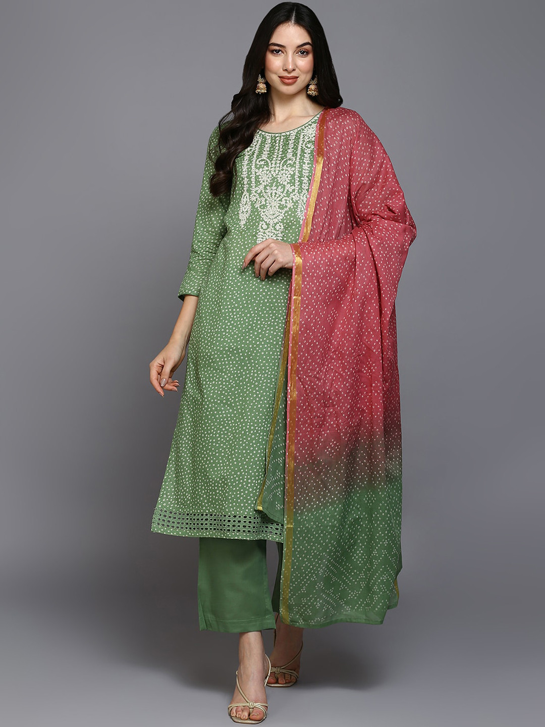 

AHIKA Bandhani Embroidered Thread Work Pure Cotton Kurta With Trousers & Dupatta, Green