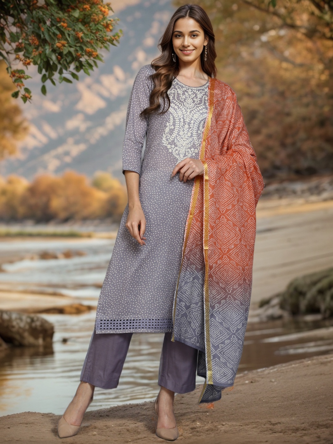 

AHIKA Bandhani Printed & Embroidered Straight Pure Cotton Kurta With Trousers & Dupatta, Lavender