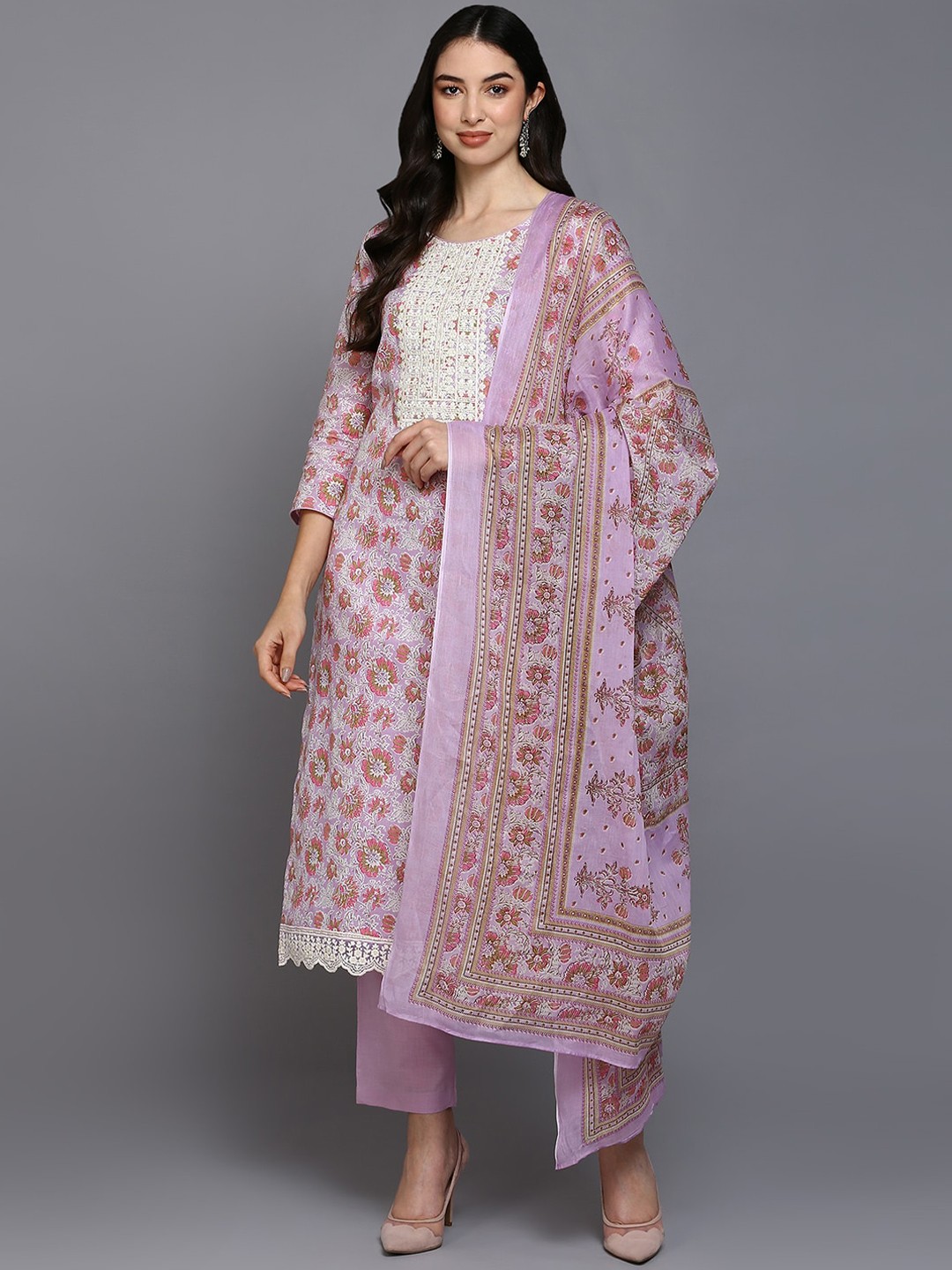 

AHIKA Floral Printed Kurta With Trousers & With Dupatta, Lavender