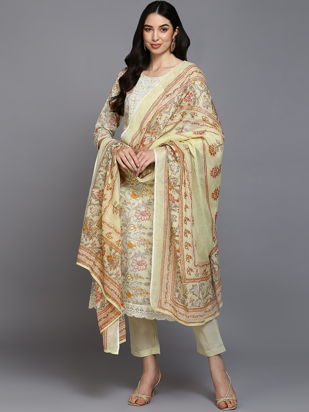 

AHIKA Floral Printed & Embroidered Straight Kurta With Trousers & Dupatta, Lime green