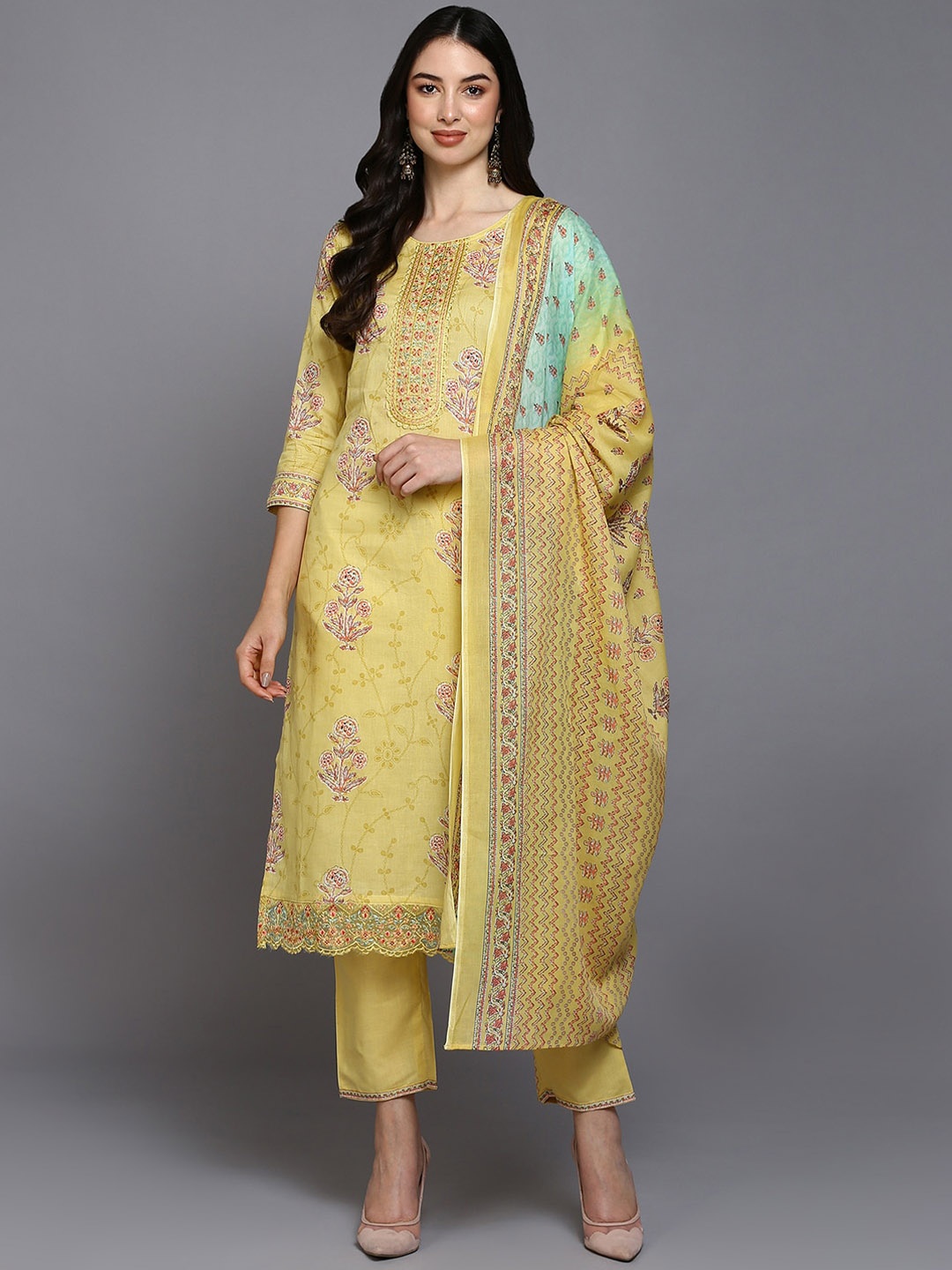

AHIKA Ethnic Motifs Printed Regular Kurta With Trousers & Dupatta, Yellow
