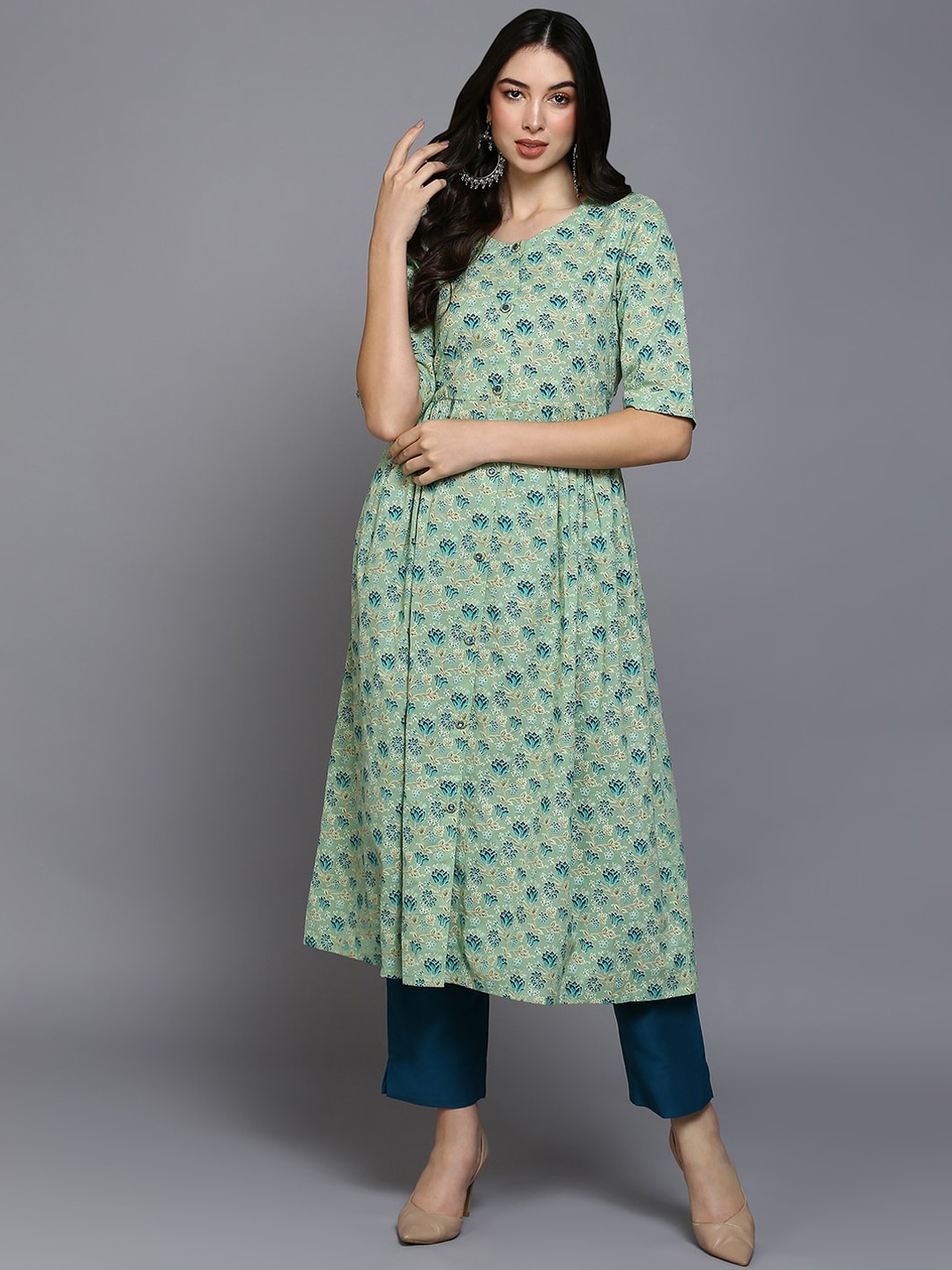 

AHIKA Floral Printed Cotton A-Line Kurta, Sea green