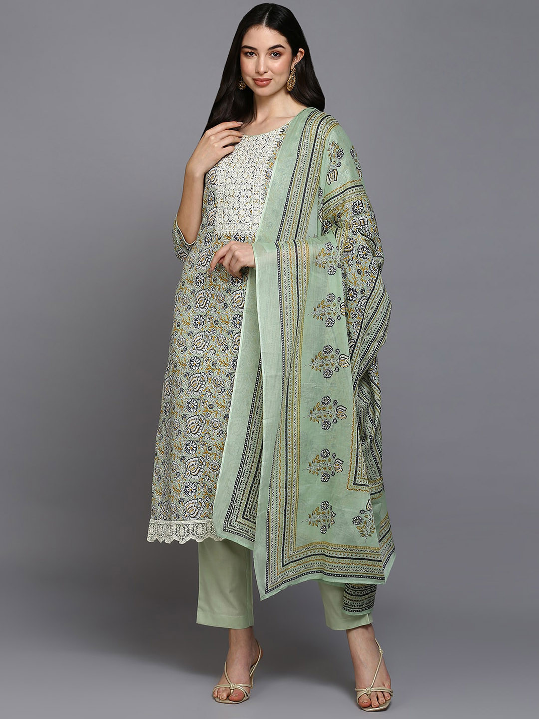 

AHIKA Floral Printed Regular Straight Thread Work Kurta & Trousers With Dupatta, Sea green