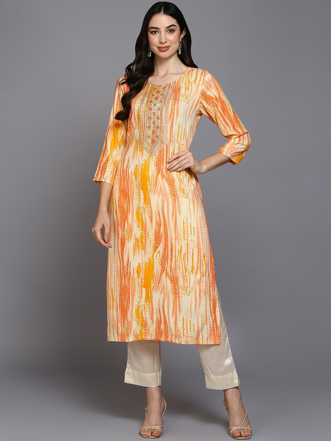 

AHIKA Abstract Printed Sequinned A-Line Kurta, Cream