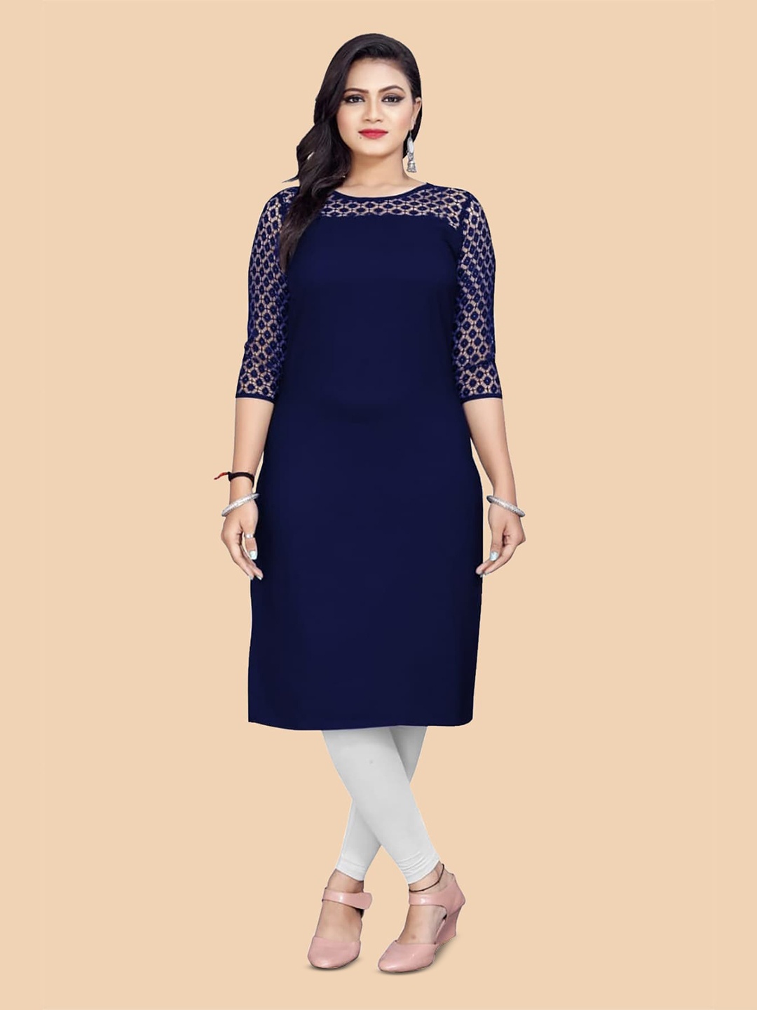 

Dream Beauty Fashion Woven Design Round Neck Straight Kurta, Navy blue