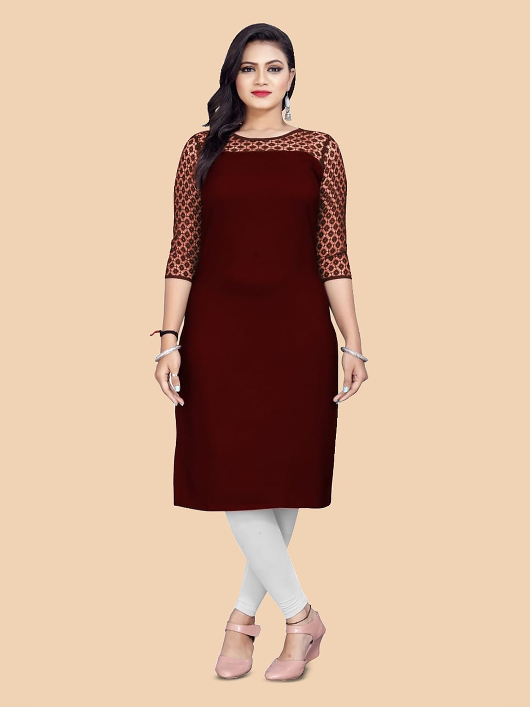 

Dream Beauty Fashion Woven Design Round Neck Straight Kurta, Maroon