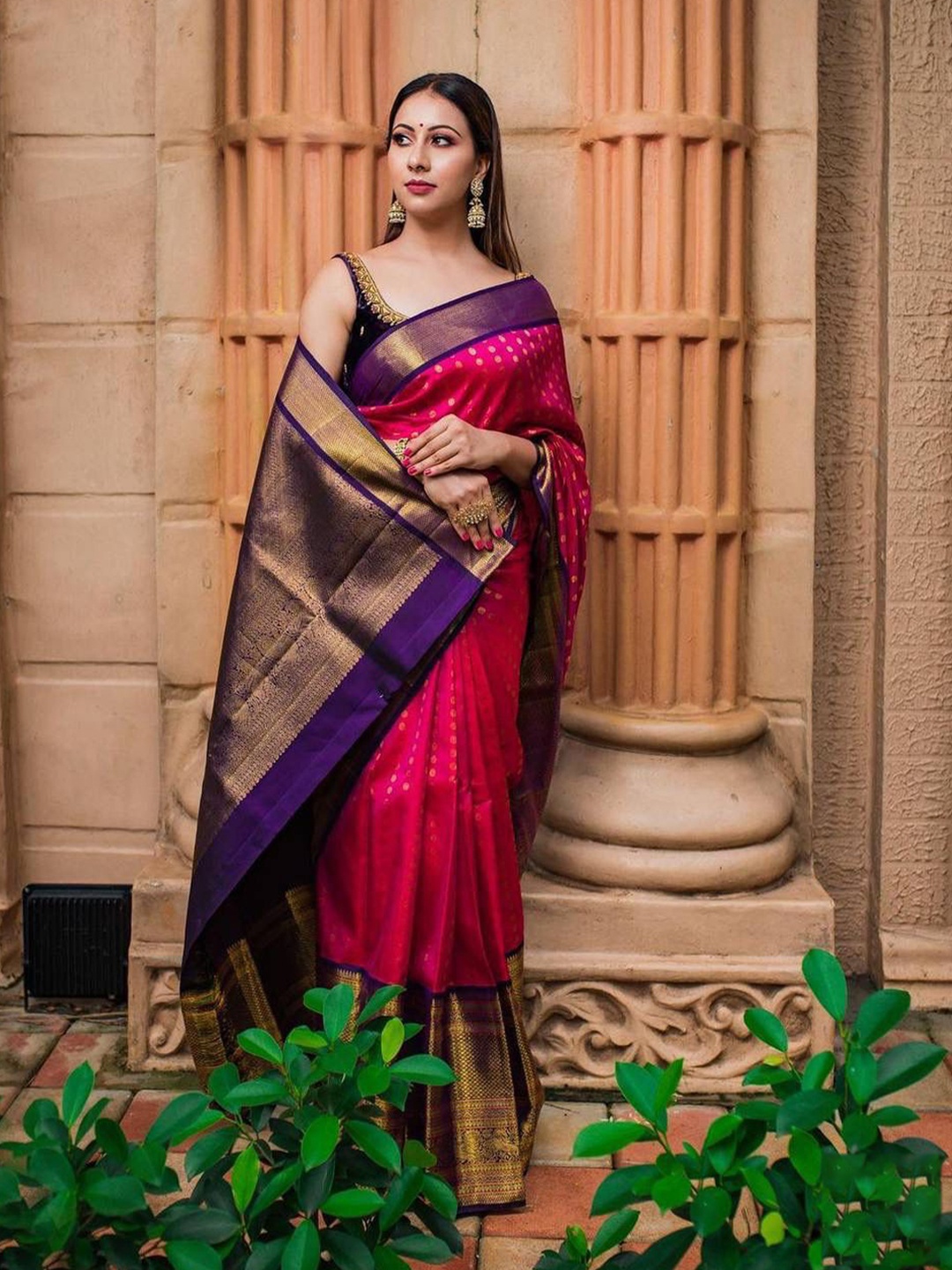 

TIEXA Ethnic Motifs Woven Design Zari Pure Silk Banarasi Saree, Pink