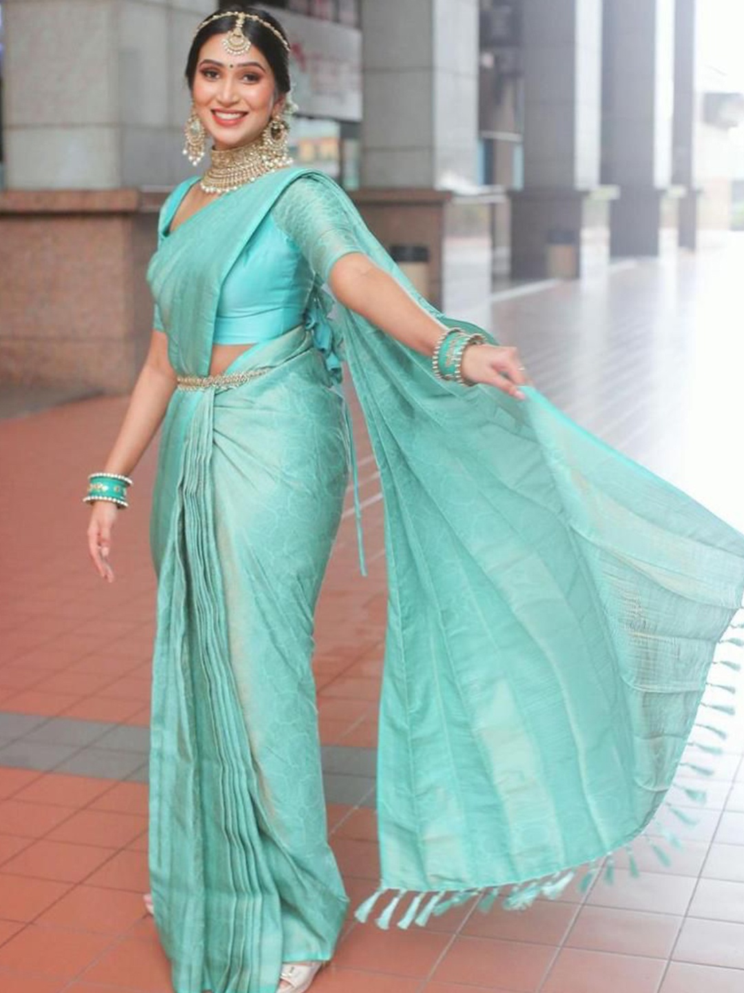 

TIEXA Ethnic Motifs Woven Design Zari Pure Silk Banarasi Saree, Sea green