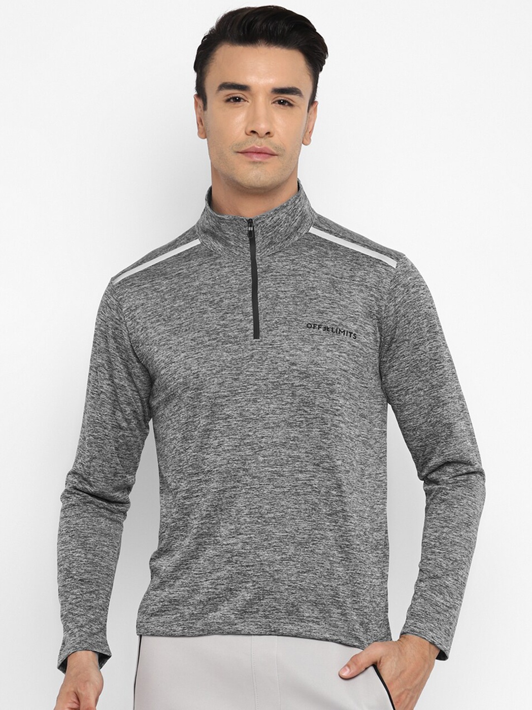 

OFF LIMITS Self Design High Neck Long Sleeves Sports T-shirt, Grey melange