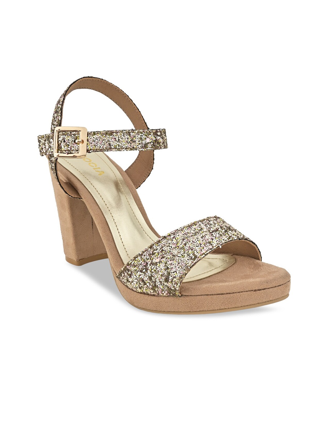 

Rocia Embellished Party Block Heels With Backstrap, Gold