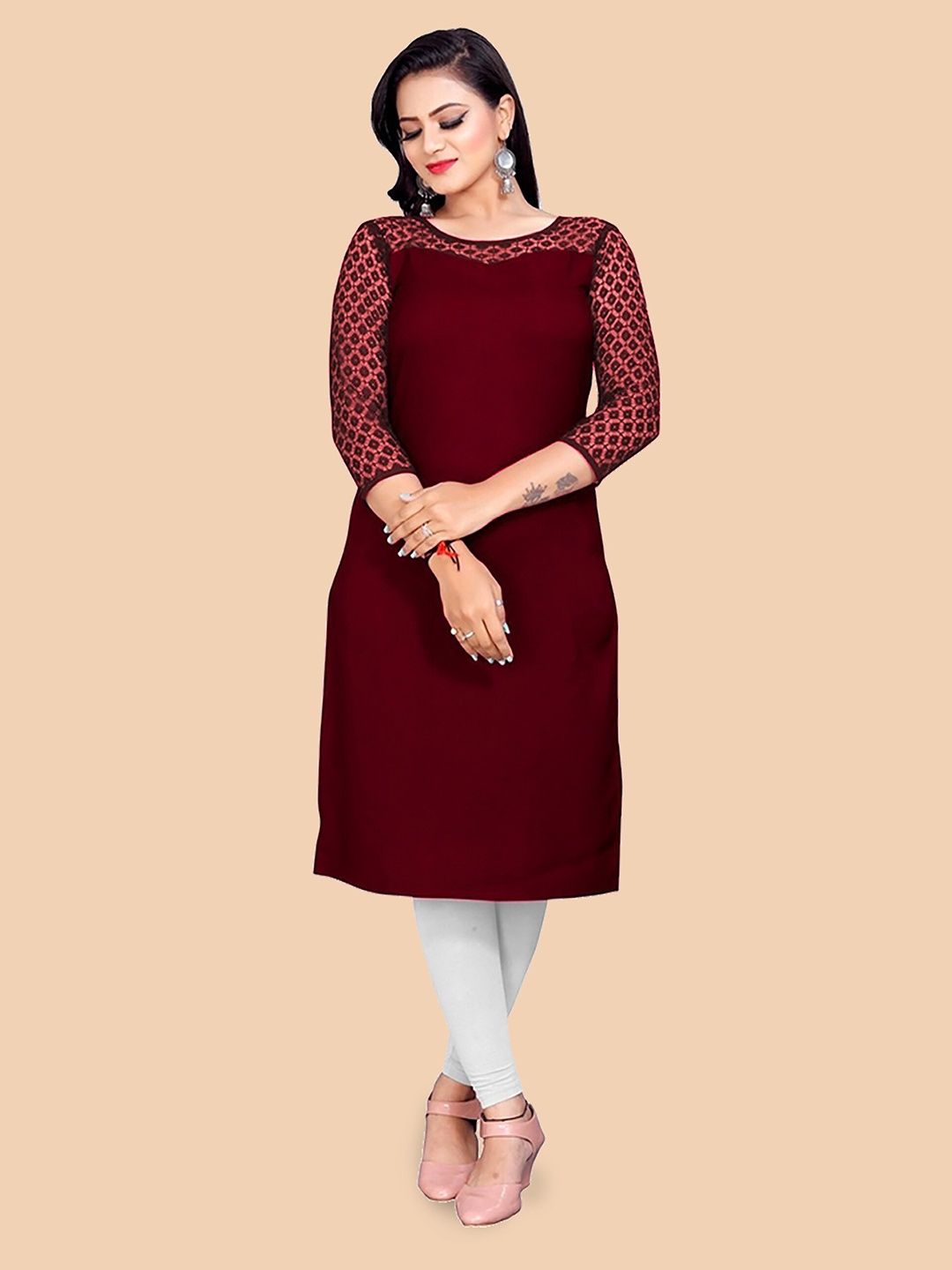 

Dream Beauty Fashion Woven Design Round Neck Straight Kurta, Maroon
