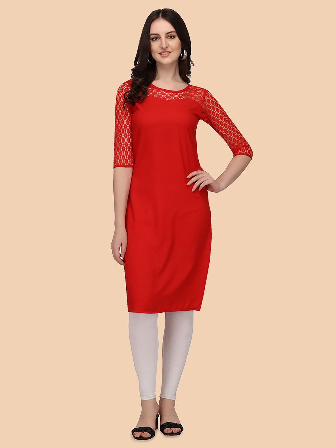 

Dream Beauty Fashion Woven Design Round Neck Straight Kurta, Red