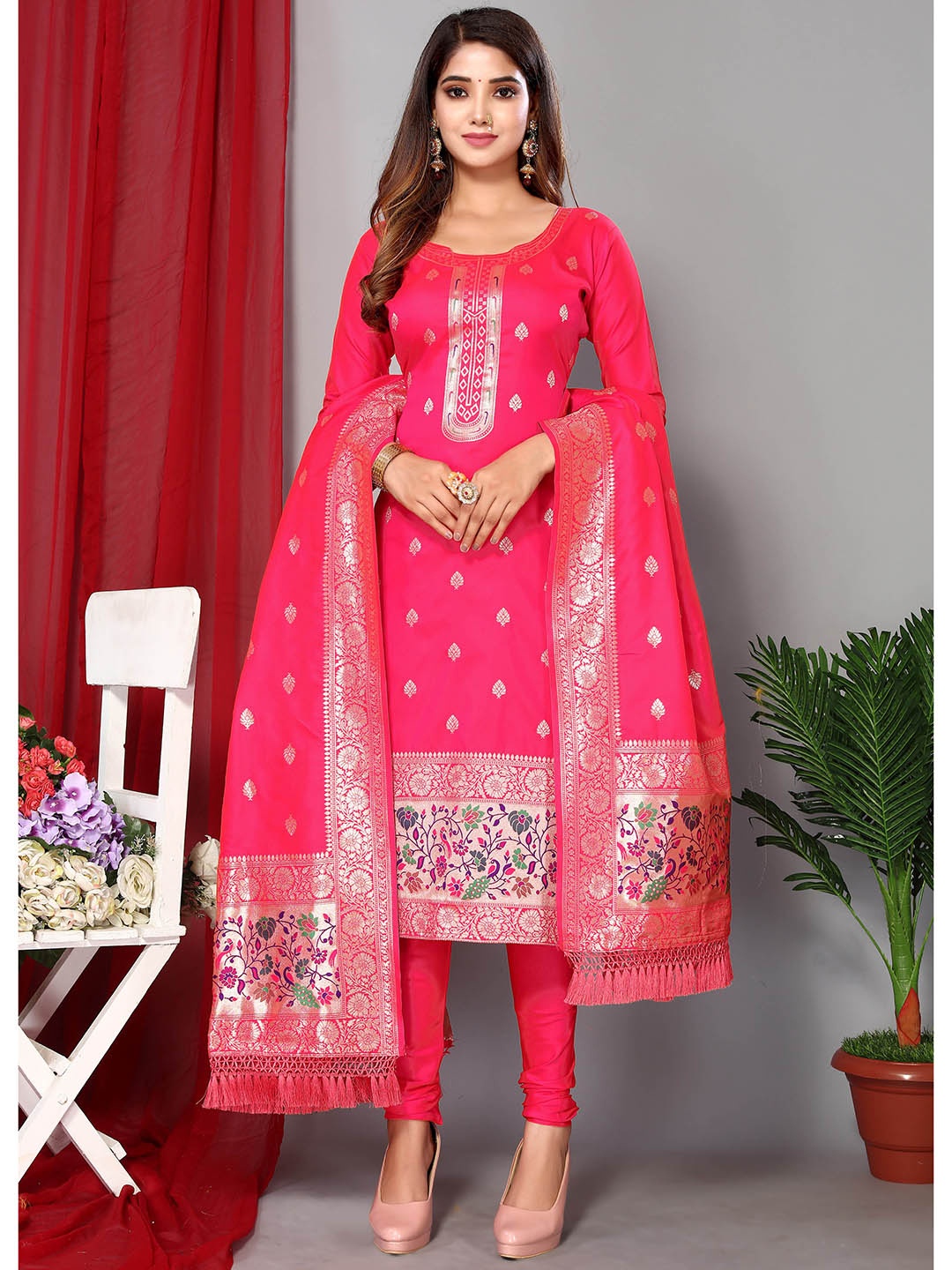 

Ekta Textiles Pink & Gold-Toned Unstitched Dress Material